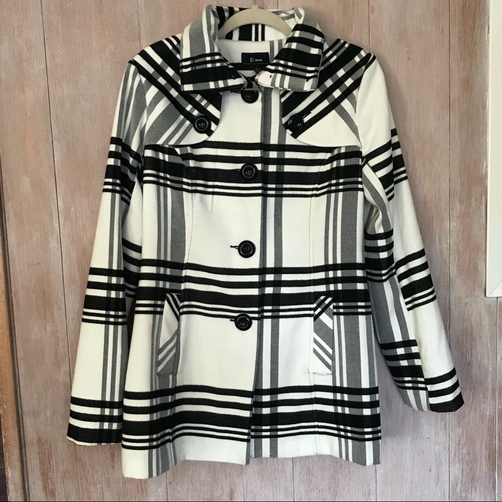 Byer California Black & White Plaid Pea Coat